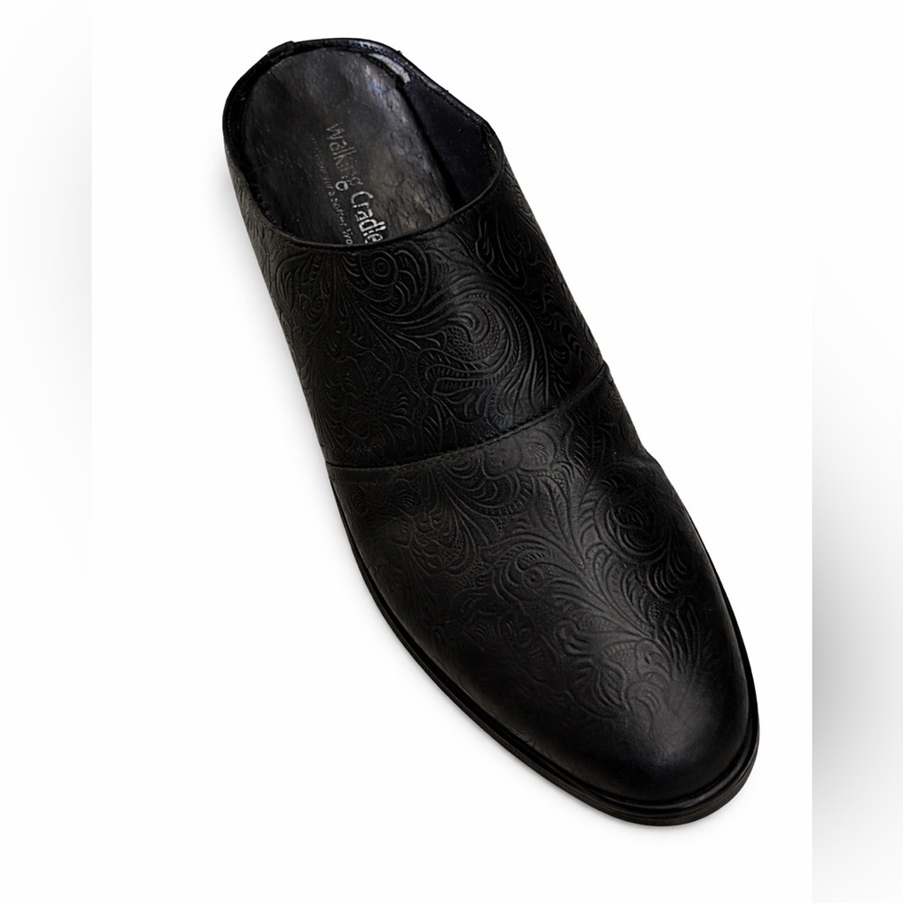 Walking Cradles Caden Black Leather Mule Clog 7 Comfort Embossed Floral - Picture 3 of 5